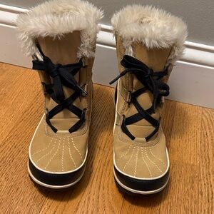 Sorel Women's Tivoli II Tan and Black Suede Waterproof Winter Snow Boots